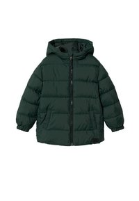 Veste à capuche matelassée vert foncé pour enfants, avec fermeture éclair à l'avant et deux poches latérales, poignets élastiques et isolation rembourrée.