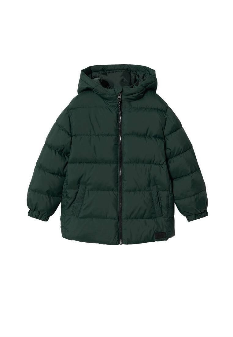 Veste à capuche matelassée vert foncé pour enfants, avec fermeture éclair à l'avant et deux poches latérales, poignets élastiques et isolation rembourrée.
