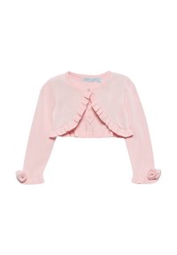 Cardigan corto rosa pallido con un davanti a volant, scollatura rotonda e dettagli a rosellina sui polsini. Realizzato in un morbido tessuto a maglia leggero.
