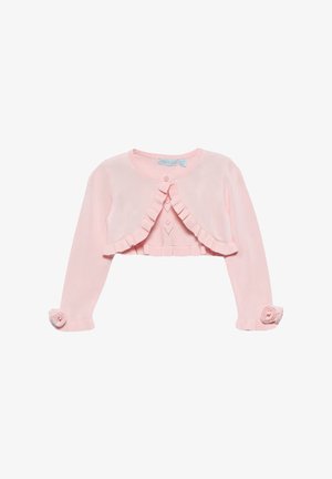 Cardigan corto rosa pallido con un davanti a volant, scollatura rotonda e dettagli a rosellina sui polsini. Realizzato in un morbido tessuto a maglia leggero.