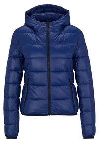 Marinblå pufferjacka med huva, med dragkedja framtill, quiltad textur och svarta detaljer. Logotyp på vänster bröst; elastiska ärmslut.