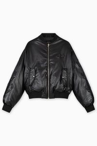Black leather bomber jacket with ribbed cuffs and hem, front zip closure, two side pockets, and embossed detailing on sleeves.