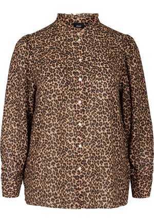 Langärmelige Bluse mit Leopardenmuster und kleinem Rüschenkragen, lockerer Passform und weißen Knöpfen vorne.