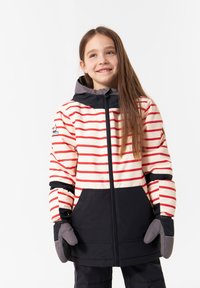 Rot-weiße gestreifte Winterjacke mit schwarzem Boden, grauer Kapuze und passenden Handschuhen. Verfügt über einen Frontreißverschluss und elastische Bündchen.