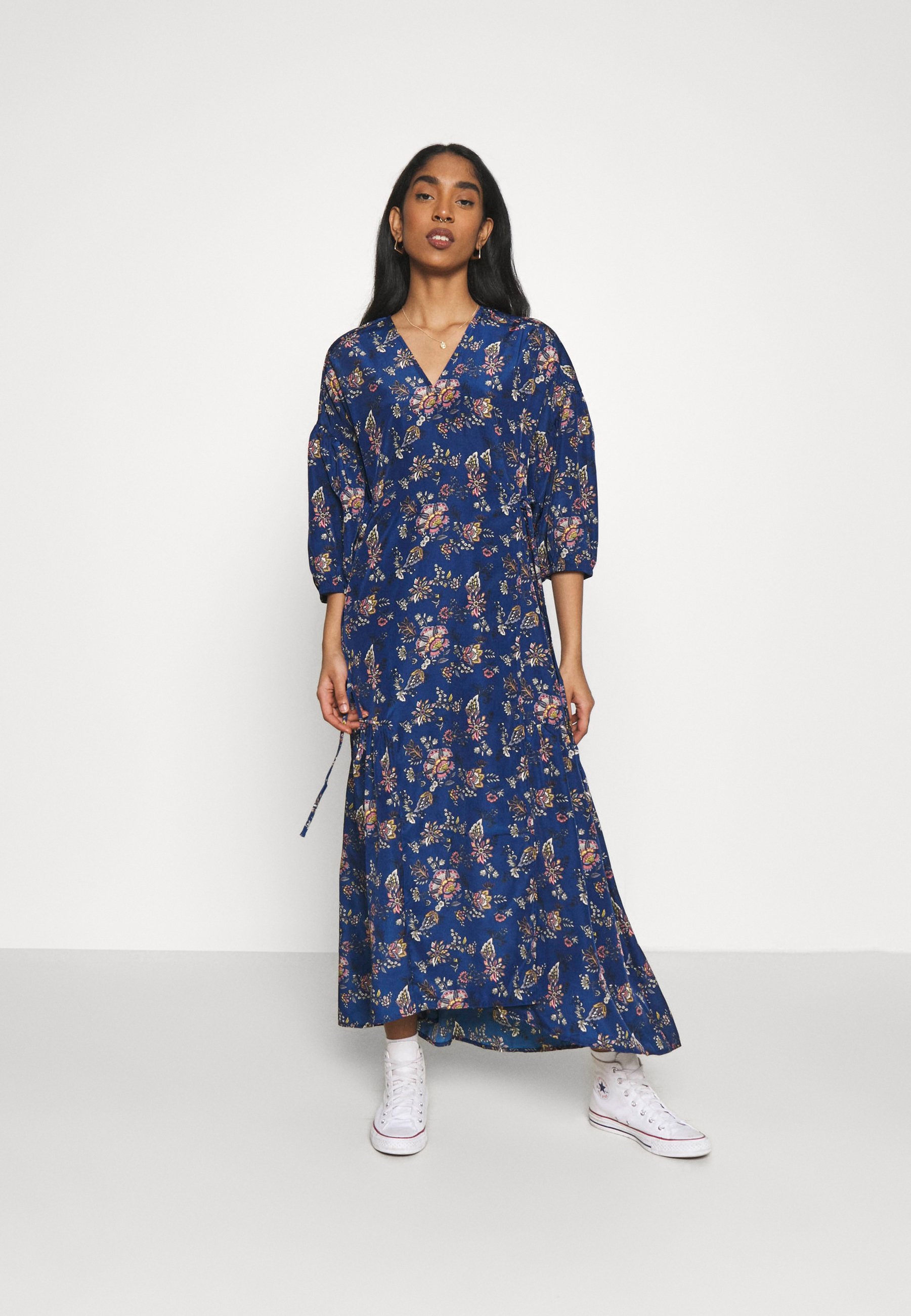 long navy wrap dress