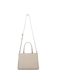 Beige leren tote bag met dubbele handvatten en een afneembare schouderriem. Voorzien van goudkleurige accenten en een gestructureerde rechthoekige vorm.