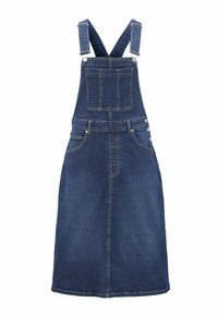 Jeans overallklänning i mörkblått med justerbara axelband, framficka och sidoknappar. Har en rak skärning och en slät yta.