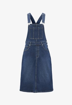 Denim overall dress in dark blue with adjustable straps, front pocket, and side button accents. Features a straight cut and smooth texture.