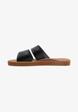 Sandales en cuir noir à glisser, avec deux larges sangles, une finition texturée et une semelle en caoutchouc beige avec des rainures horizontales.