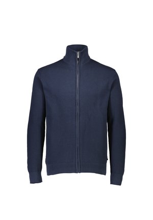 Marineblauer Zip-Hoodie mit hohem Kragen, strukturiertem Strickmuster, langen Ärmeln sowie gerippten Bündchen und Saum. Verfügt über einen zentralen Reißverschluss.