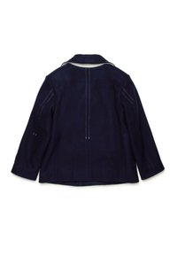 Námořnický vlněný kabát s klopovým límcem, dlouhými rukávy a jemnými bílými stehými detaily na zádech a ramenou.