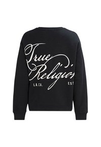 Sweat à capuche noir avec de grandes lettres blanches en script au dos, indiquant "True Religion," avec un texte supplémentaire plus petit en dessous.