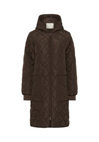 Quilted brun parka med hætte, fuld frontlynlås, to frontlommer, elastiske manchetter og en mellemlang design. Blød, glat tekstur.