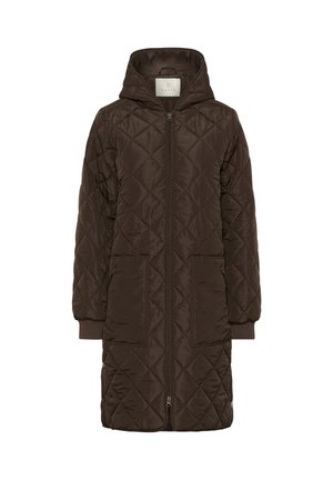Padded brūns parka ar kapuci, pilnīgu priekšējo rāvējslēdzēju, divām priekšējām kabatām, elastīgām aprocēm un vidēja garuma dizainu. Mīksta, gluda tekstūra.