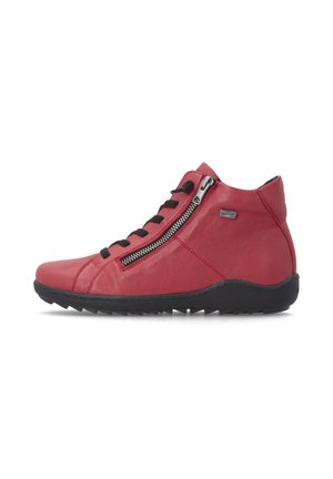 Red leather high-top sneaker with black laces and black rubber sole, featuring a side zipper and small metal brand logo.
