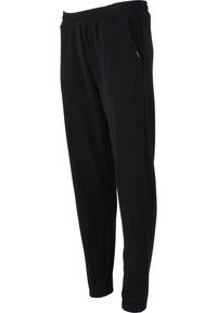 Sorte joggingbukser med elastisk talje, sidelommer og et blødt, glat stof. Lige bendesign uden synlige mønstre.