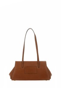 Sac à main en cuir marron avec une surface texturée, forme rectangulaire, deux longues anses et une poche à l'avant. Finition lisse, quincaillerie minimale.