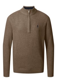Pullover lungo a maniche lunghe, marrone, lavorato a maglia, con colletto a cerniera a quarto di zip e piccolo emblema scuro sul lato sinistro del petto.