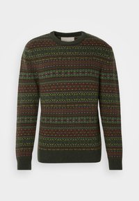 Knitted sweater featuring a crew neck, with green, red, and yellow intricate patterns across a dark base, ribbed cuffs and hem.