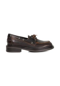 Dark brown leather boat shoe with a sleek design, featuring metal eyelets, a rounded toe, and contrasting orange stitching. Low block heel.