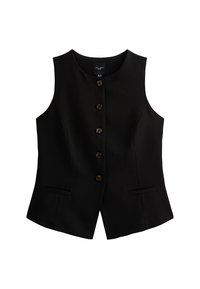 Gilet sans manches noir avec un décolleté arrondi, comportant cinq boutons sur le devant et deux poches latérales pour un détail supplémentaire.
