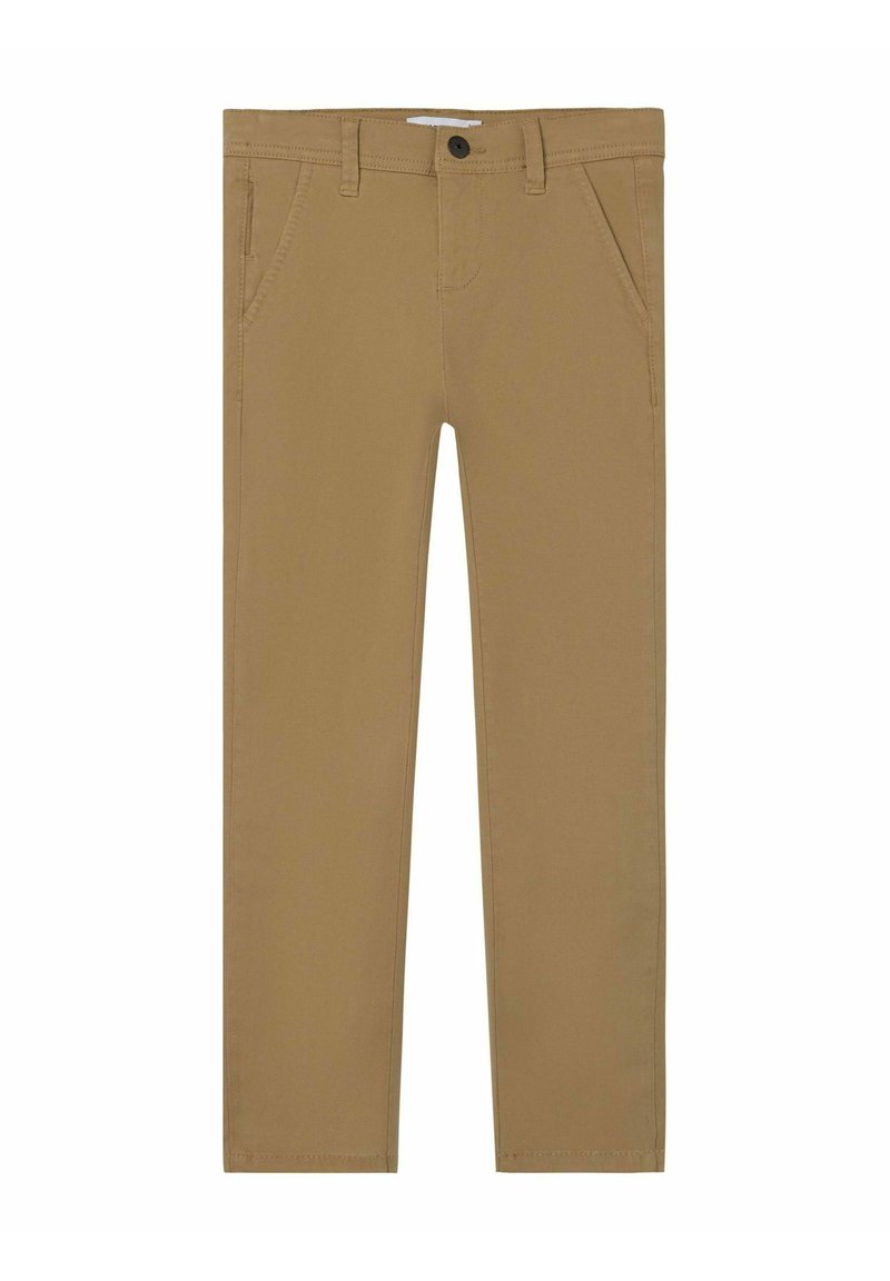 Pantaloni in cotone beige con taglio dritto, dotati di tasche anteriori, chiusura con un solo bottone e dettagli di cucitura minimi.