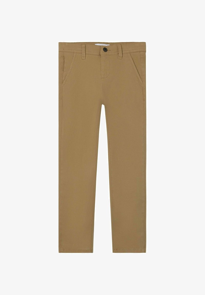 Pantaloni in cotone beige con taglio dritto, dotati di tasche anteriori, chiusura con un solo bottone e dettagli di cucitura minimi.