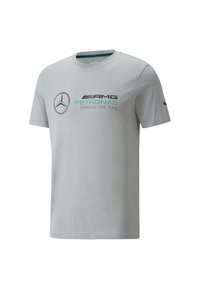 Light gray cotton t-shirt featuring a round neckline, short sleeves, and printed graphics: Mercedes Benz logo and "AMG PETRONAS Formula One Team."