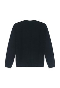 Czarny sweter z okrągłym dekoltem, długimi rękawami i prążkowanymi mankietami. Gładka tekstura, prosty design, bez widocznych logo czy wzorów.