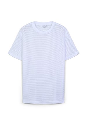 White short-sleeve t-shirt made of textured, waffle-pattern fabric. Crew neckline with a straight hem. Lightweight and breathable design.