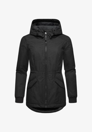 Svart ytterjacka med huva, dragkedjestängning, sidofickor och ribbade ärmslut. Har en slät yta och förlängd bakre fåll.