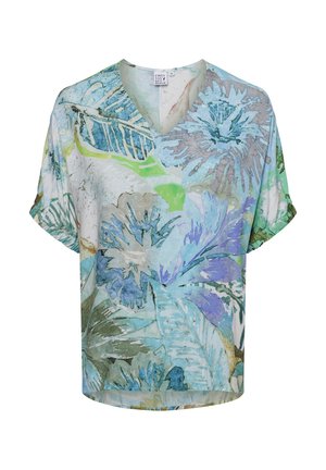 Floral print blouse with a V-neck, short sleeves, light blue, green, and purple hues. Features a loose, relaxed fit and soft fabric texture.