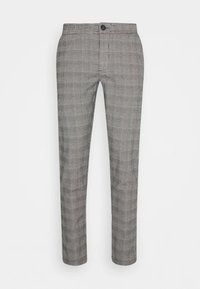 Schmale Herrenhose mit grau-weißer Karomuster, Knopfverschluss und geradem Bein. 