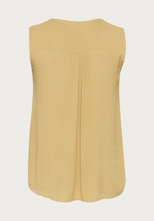 Kollane ilma varrukateta topp kerge kangaga, ümmarguse kaelusega ja kortsutustega seljaosas, omades mugavat lõiget ja siledat tekstuuri.