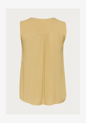 Žlutý top bez rukávů z lehkého materiálu, s kulatým výstřihem a skládaným detailem na zádech, s uvolněným střihem a hladkým povrchem.