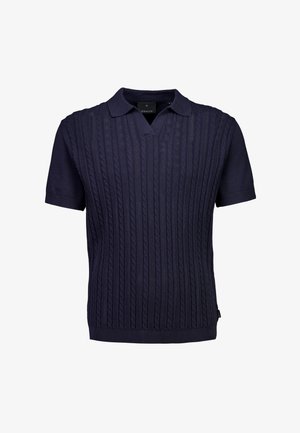 Marineblaues Poloshirt mit kurzen Ärmeln, das ein strukturiertes Zopfmuster aufweist, mit einem Kragen und gerippten Bündchen sowie Saum.