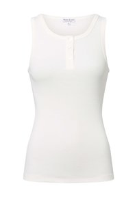 Weißes, geripptes Tanktop aus softem Baumwollstoff, mit rundem Halsausschnitt und dreiknöpfiger Knopfleiste vorne. Taillierte Silhouette.