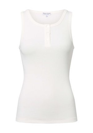 Weißes, geripptes Tanktop aus softem Baumwollstoff, mit rundem Halsausschnitt und dreiknöpfiger Knopfleiste vorne. Taillierte Silhouette.