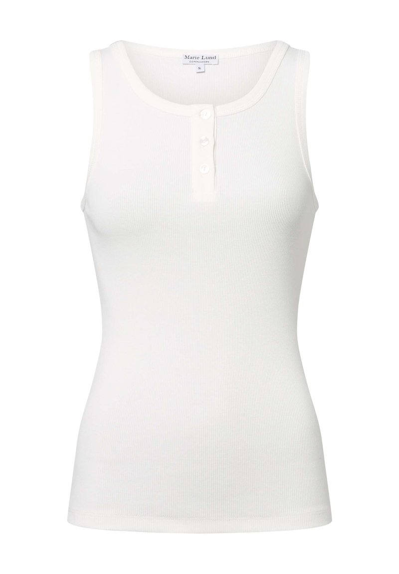 Weißes, geripptes Tanktop aus softem Baumwollstoff, mit rundem Halsausschnitt und dreiknöpfiger Knopfleiste vorne. Taillierte Silhouette.