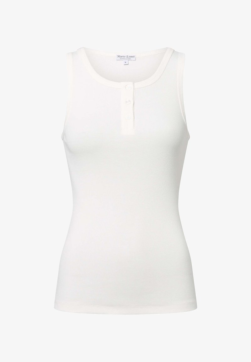 Weißes, geripptes Tanktop aus softem Baumwollstoff, mit rundem Halsausschnitt und dreiknöpfiger Knopfleiste vorne. Taillierte Silhouette.
