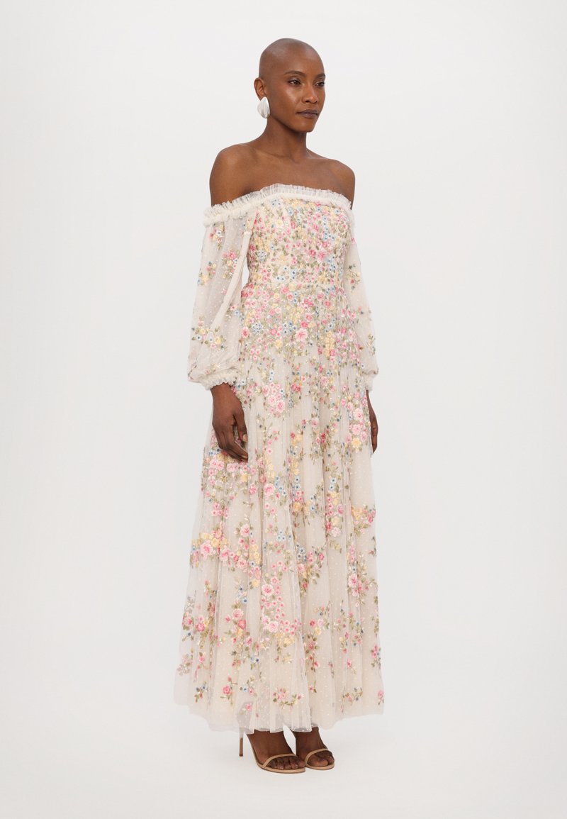 off shoulder long sleeve floral dress Coral Rose Off-Shoulder Gown Teuta Matoshi