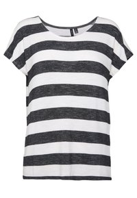 Proužkované tričko s širokými černobílými pruhy, krátkými rukávy, širokým výstřihem a volným střihem vyrobené z měkkého, lehkého materiálu.