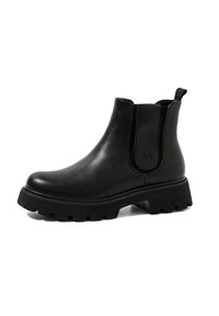 Stivale Chelsea in pelle nera con pannelli laterali elasticizzati, punta arrotondata e suola in gomma spessa. Presenta una linguetta sul retro per facilitare l'indossamento.