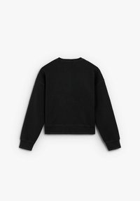 Sweatshirt nero corto con maniche lunghe, scollatura rotonda e polsini a coste. Presenta una superficie liscia e un design minimalista senza decorazioni.