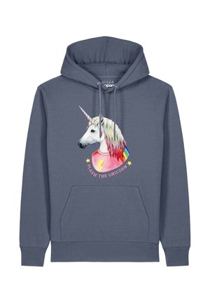 Blauwe hoodie met een eenhoornafbeelding die een roze trui draagt, regenboogmanen, en tekst "Flash the Unicorn" onder het hoofd van de eenhoorn.