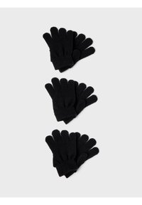 Black knit gloves arranged in three pairs, featuring a ribbed cuff and individual finger compartments for dexterity.