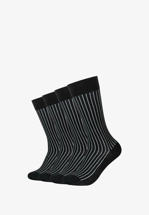 Calzini neri con strisce verticali grigie, realizzati in materiale morbido con una texture liscia, venduti in confezione da quattro.