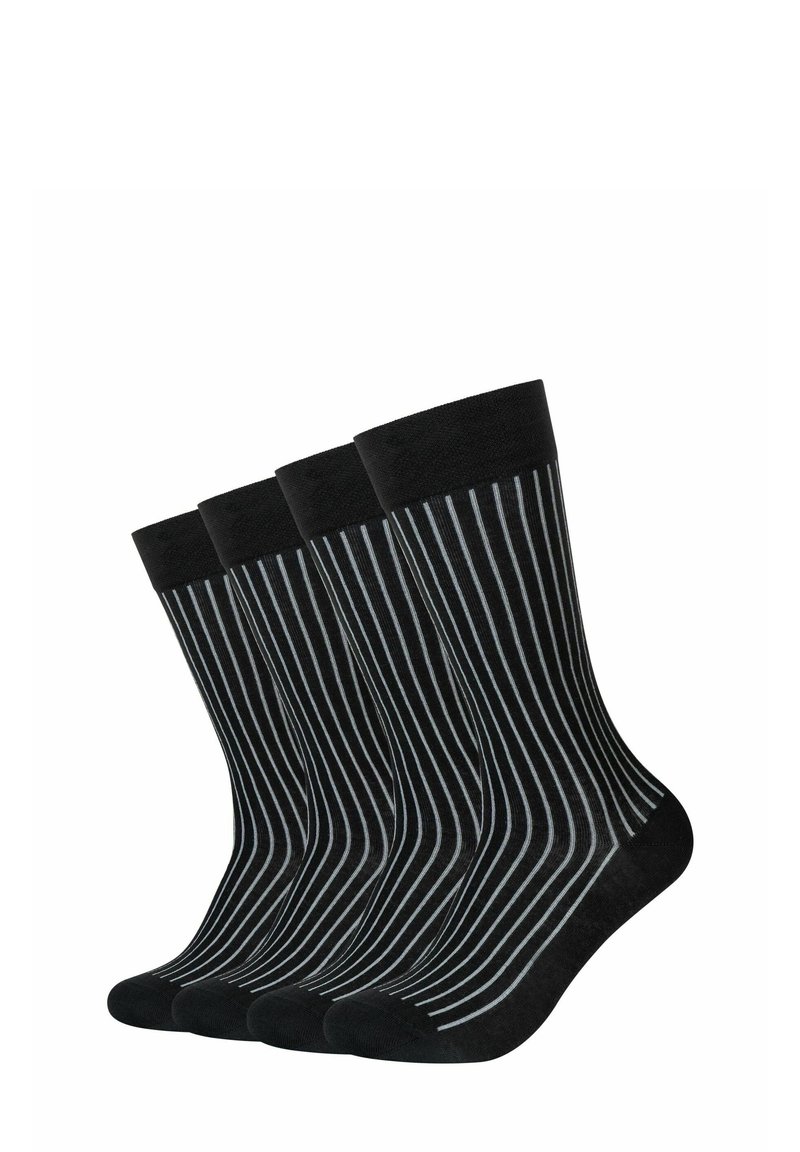 Calzini neri con strisce verticali grigie, realizzati in materiale morbido con una texture liscia, venduti in confezione da quattro.