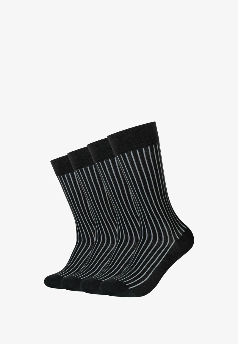 Calzini neri con strisce verticali grigie, realizzati in materiale morbido con una texture liscia, venduti in confezione da quattro.