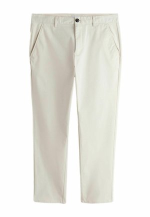 Lyse beige bukser med lige ben, sidelommer, bæltestropper, knaplukning og lynlås foran.